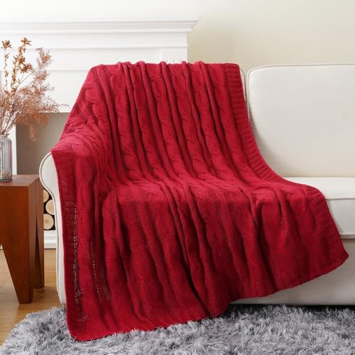Christmas Red Cable Knit Throw Blanket - 50x60 Inches for Couch