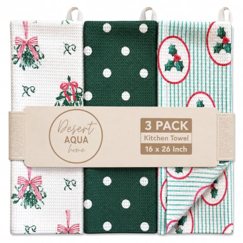 Christmas Holly Kitchen Towels Set - 3 Microfiber Dish & Hand Towels