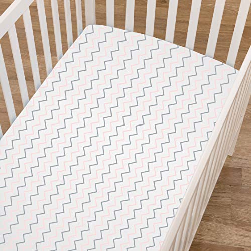 Baby Mini Crib Sheet 2 Pack 100% Cotton Fitted Pink Whale / Zigzag, 38" x 24"