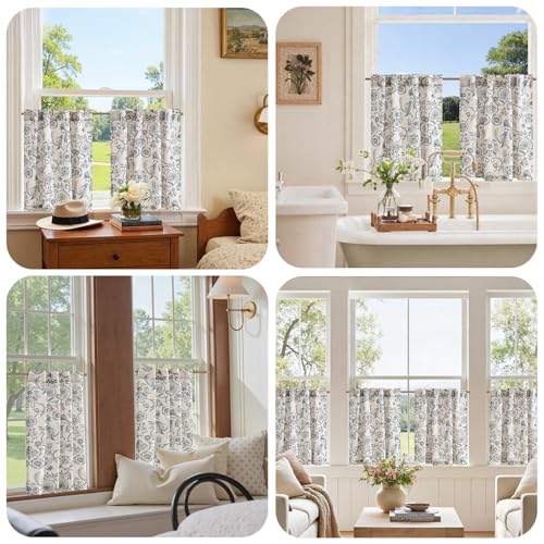 jinchan Linen Floral Kitchen Tier Curtains, 26"W x 24"L, 2 Panels - Blue on Beige