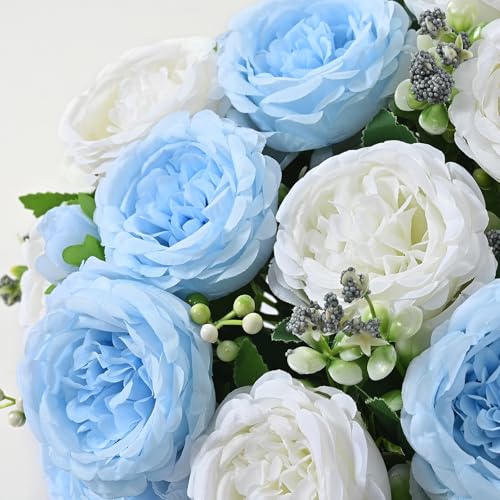Mixed White Blue Artificial Peonies - 2 Pack Silk Flowers