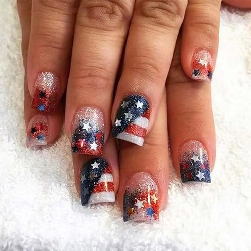 Hiynef 4th of July Short Square Press On Nails – Red & Blue Gradient with Silver Star & Glitter Acrylic False Nails (24 Pcs)