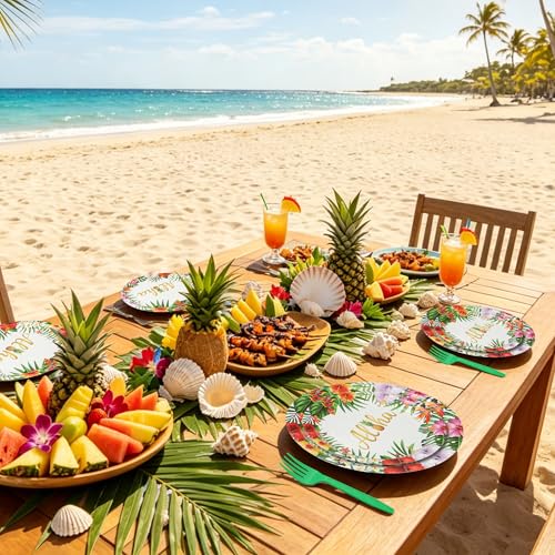 Tropical Luau Party Supplies Set - 100PCS Disposable Plates, Napkins & Forks