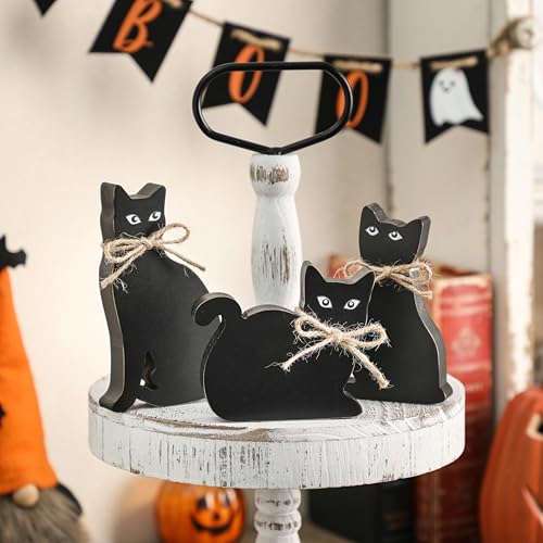 3-Piece Black Cat Wooden Halloween Decor Set - Rustic Tabletop Sign