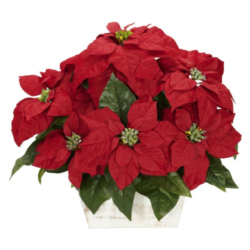 Artificial Poinsettia Arrangement with White Wash Planter – Holiday Décor