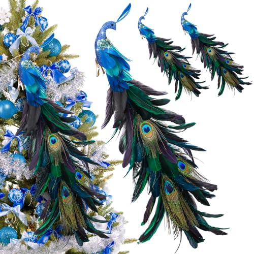 Peacock Christmas Tree Ornaments 4 Pack Long Feather Bird Decorations Glitter Clip-Ons