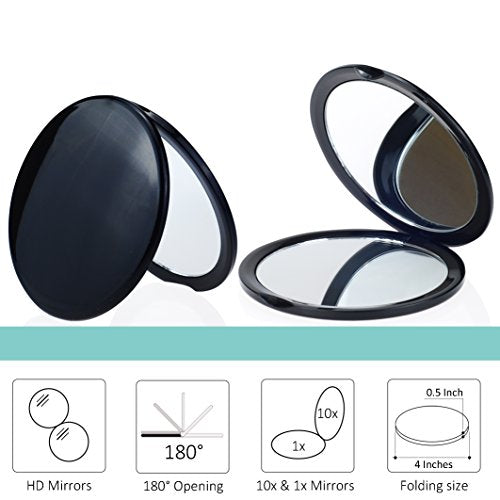 Black Makeup Pocket Mirror with 10x Magnification & Regular Mirror