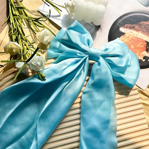 LYDZTION Satin Hair Bow Clip Set with Tassel Ribbons - Blue