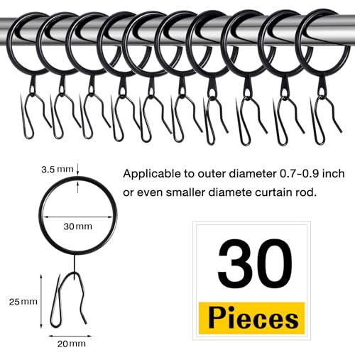 30Pcs Black Metal Curtain Rings with Hooks - 30mm Diameter