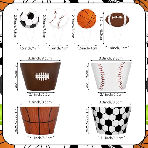 48 Pack Sports Cupcake Toppers & Wrappers for Birthday Parties