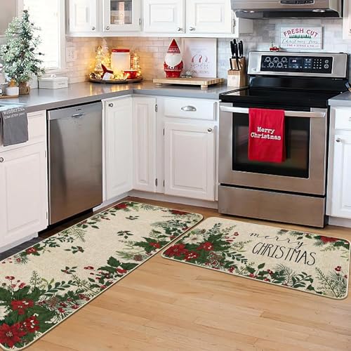 Christmas Kitchen Rugs Set of 2 - Holly Berry Poinsettia Burlap Mats, 17x29 & 17x47 Inches