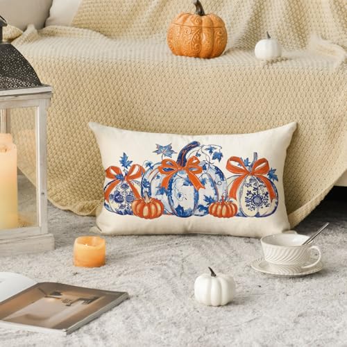 Blue Pumpkin Chinoiserie Pillow Cover - 12x20 Inch Fall Decor