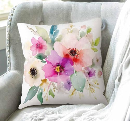 Watercolor Floral Throw Pillow Cover - 18x18 Eco-Friendly Cotton Linen