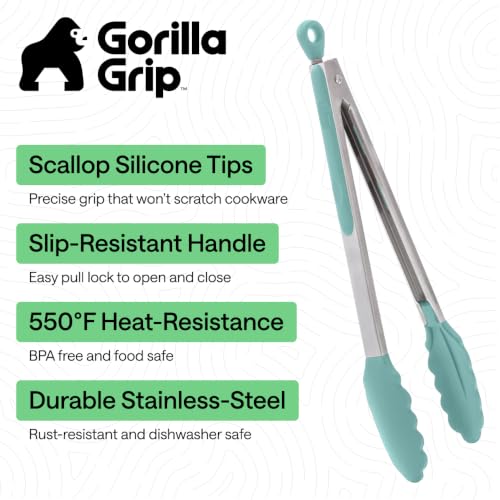 Gorilla Grip Stainless Steel Kitchen Tongs Set - 9" & 12" Mint, BPA Free, Heat Resistant 550°F