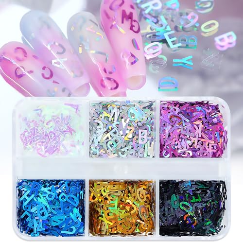 Holographic Alphabet Nail Glitter Sequins - 3D A-Z English Letter Nail