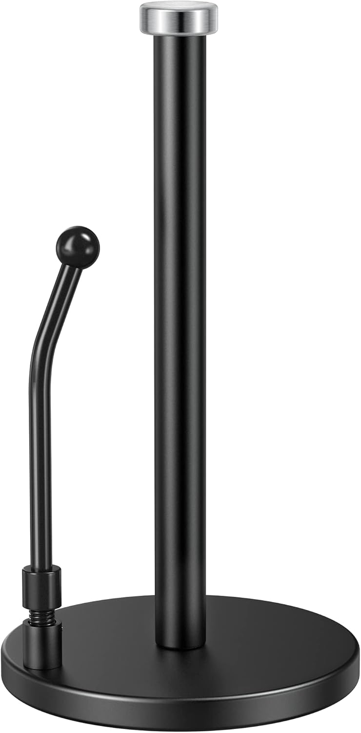 SMARTAKE Paper Towel Holder - Weighted Non-Slip Dispenser with Spring Arm for Most Rolls - Black Stainless Steel