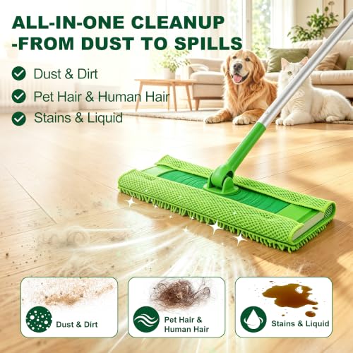 Green Microfiber Mop Pads for Swiffer Sweeper - 1 Base & 10 Reusable Refills