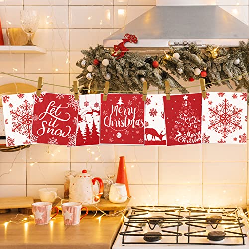 Red Christmas Swedish Dishcloths Set - Reusable Kitchen Towels with Snowflake Reindeer Tree Design
