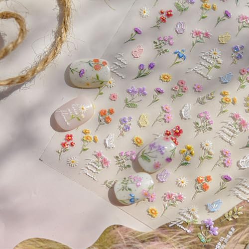 Qdsuh 5D Embossed Floral Nail Stickers - Summer Wildflower Daisy Decals