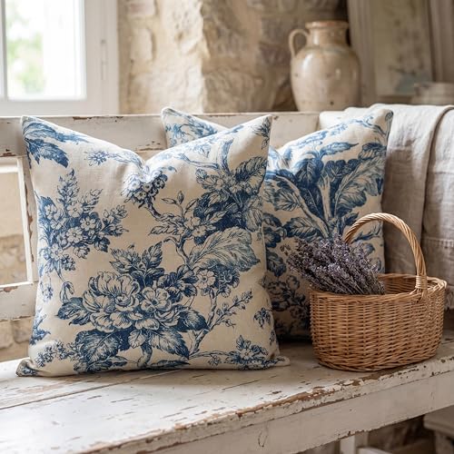 Vintage Blue White Floral Linen Throw Pillow Covers - Set of 2, 18x18