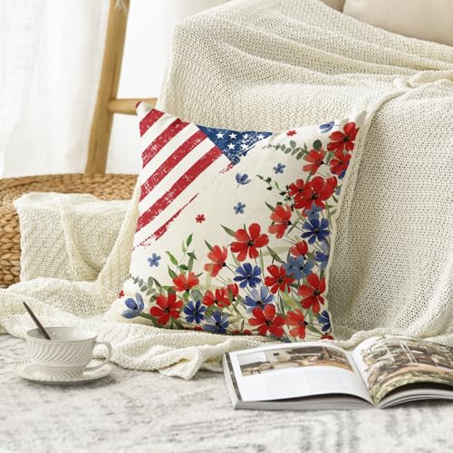 Patriotic Poppy Floral Throw Pillow Cover, 18x18 Inch - Independence Day Decor