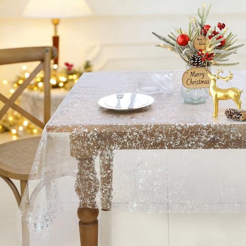 Elegant White & Silver Glitter Tulle Tablecloth 58x84 Inch
