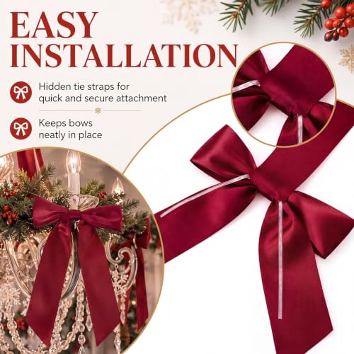 Christmas Chandelier Bow Decorations Set - Burgundy Satin Cascade
