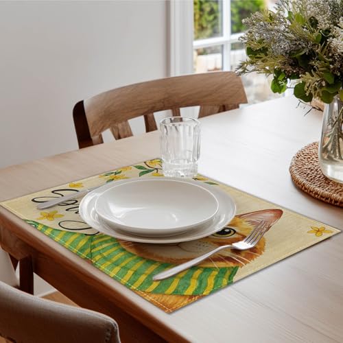 HOMETITUTE Spring Floral Cat Placemats Set of 4 12x18 Linen