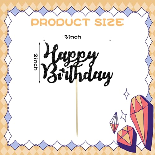 Happy Birthday Cupcake Toppers - 12 Pcs Black Glitter Decor