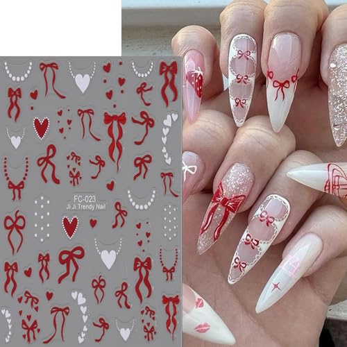 4 Sheets 3D Bow and Heart Nail Art Stickers, Self-Adhesive Y2K Nail Decals