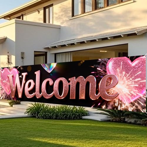 Welcome Home Banner with Pink Glitter Heart - 78.7" x 17.7" Polyester