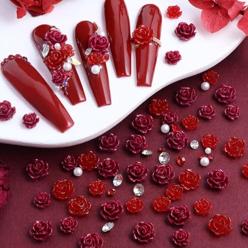 50Pcs Red Rose Nail Charms with Pearls, Valentine Resin Rhinestones