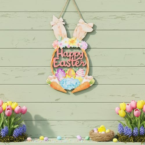 Colorful Wooden Easter Wreath with Rabbit & Floral Accents