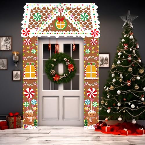 Retro Christmas Gingerbread House Door Cover Party Decorations Xmas Banner Outdoor Porch Sign