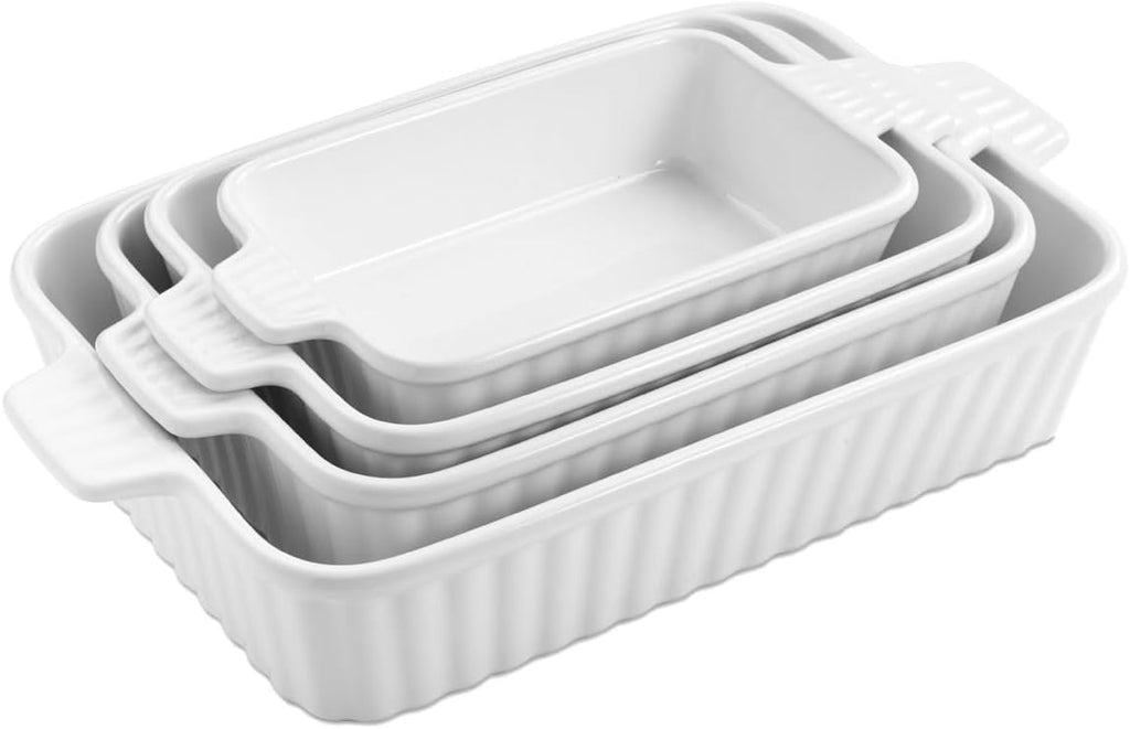 WishDeco Ceramic Casserole Dishes Set of 4 - Deep Rectangular Bakeware with Handles, White Porcelain (15''/12.4''/11''/9.6'')