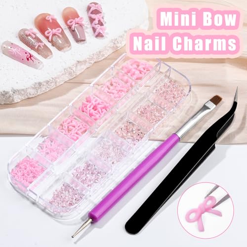 Pink Bow Nail Charms Kit - 3D Resin Kawaii Bowknot Gems with Tweezers and Brush