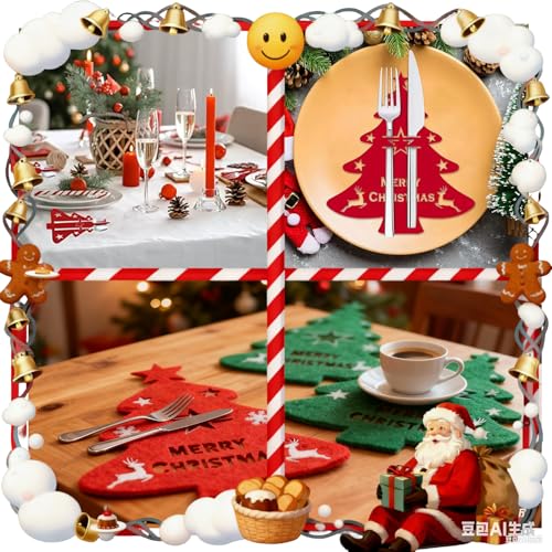 6Pcs Christmas Silverware Holder & Placemats Set Red Green Tree Decor