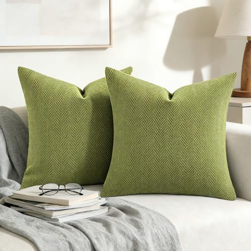 Olive Green Chenille Throw Pillow Cushion Covers - Set of 2