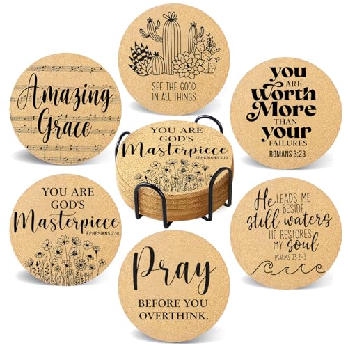 Inspirational Cork Coaster Set with Holder - 6 Round Absorbent Coasters