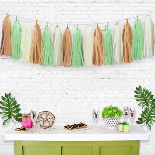Aonor Gold Ivory and Pale Green Tissue Paper Tassel Garland 15PCS