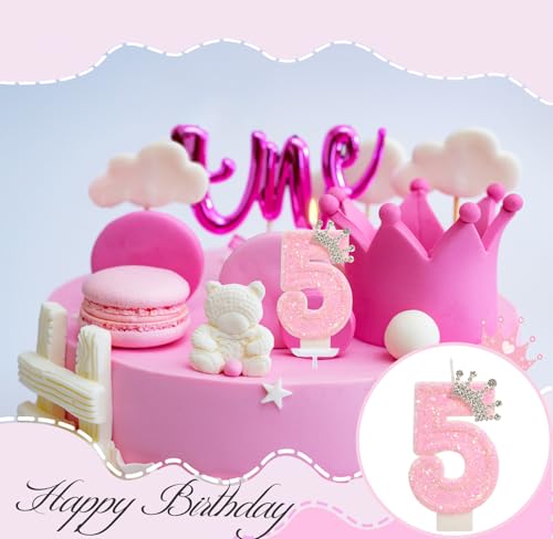 Pink Number 5 Crown Candle - Princess Birthday Decor