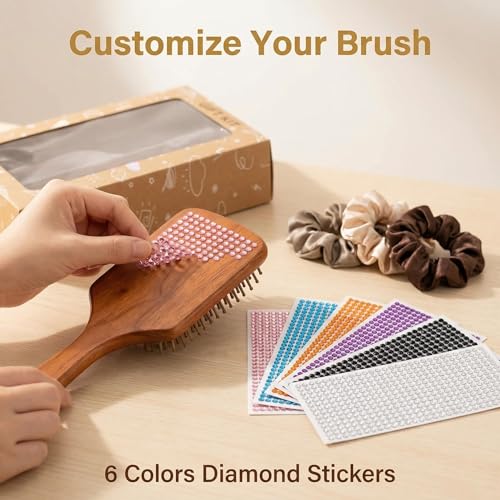 Wooden Hair Brush Set with Satin Scrunchies and DIY Stickers