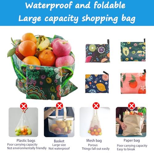 Foldable Reusable Shopping Bags with Fruit Patterns - Travel & Grocery Totes, Pack of 4