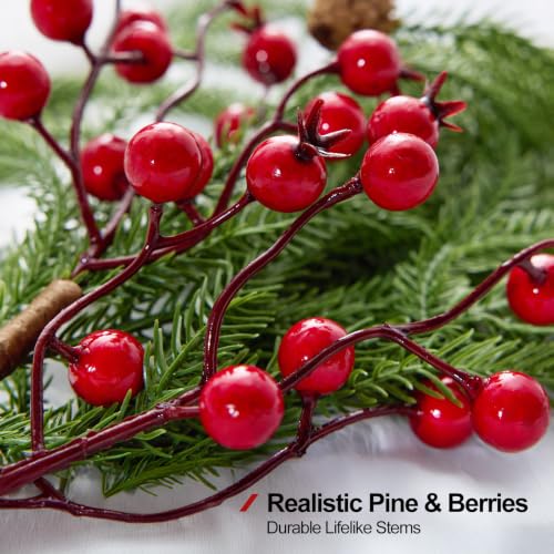 Christmas Pine Branches & Red Berries with Lights - B Style, 12-Piece