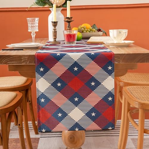 Patriotic 4th of July Table Runner 13x60 - Red Blue Buffalo Plaid