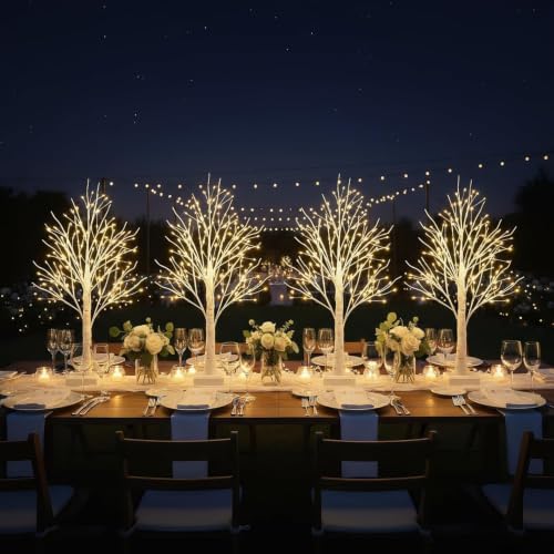 Artificial Birch Tree Lamp Set - 4 Pack Warm White LED Tree Lights with Timer and DIY Branches