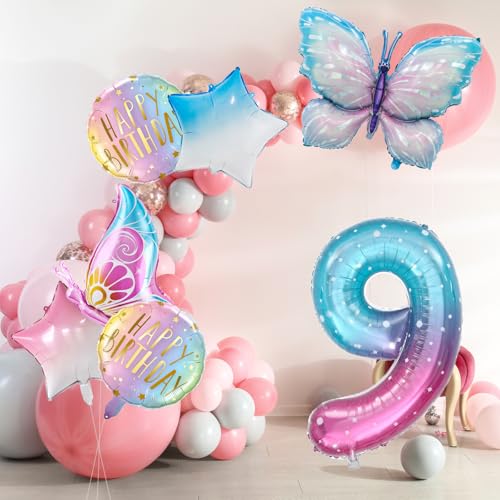Zlongron Butterfly Balloon Set for 9th Birthday Party - 40 Inch