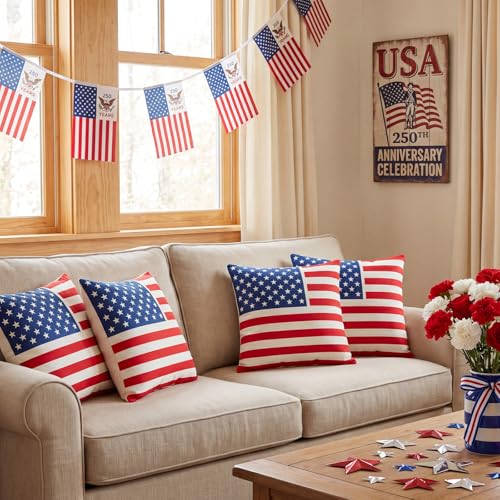 4th of July Patriotic Throw Pillow Cover - 18x18 Inch Tufted Flag Design