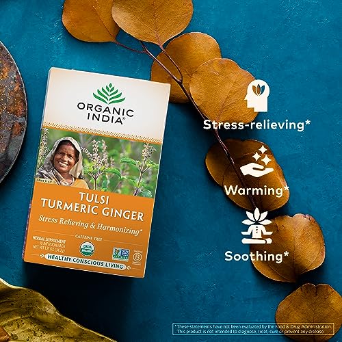 Organic India Tulsi Turmeric Ginger Tea Bags - 18 Infusion Pack, Calming & Organic