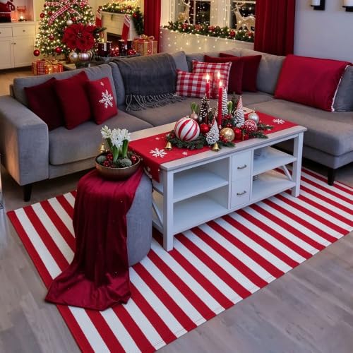 Christmas Outdoor Mat 4x6 ft Red and White Striped Rug Front Porch Decor - Layered Welcome Doormat